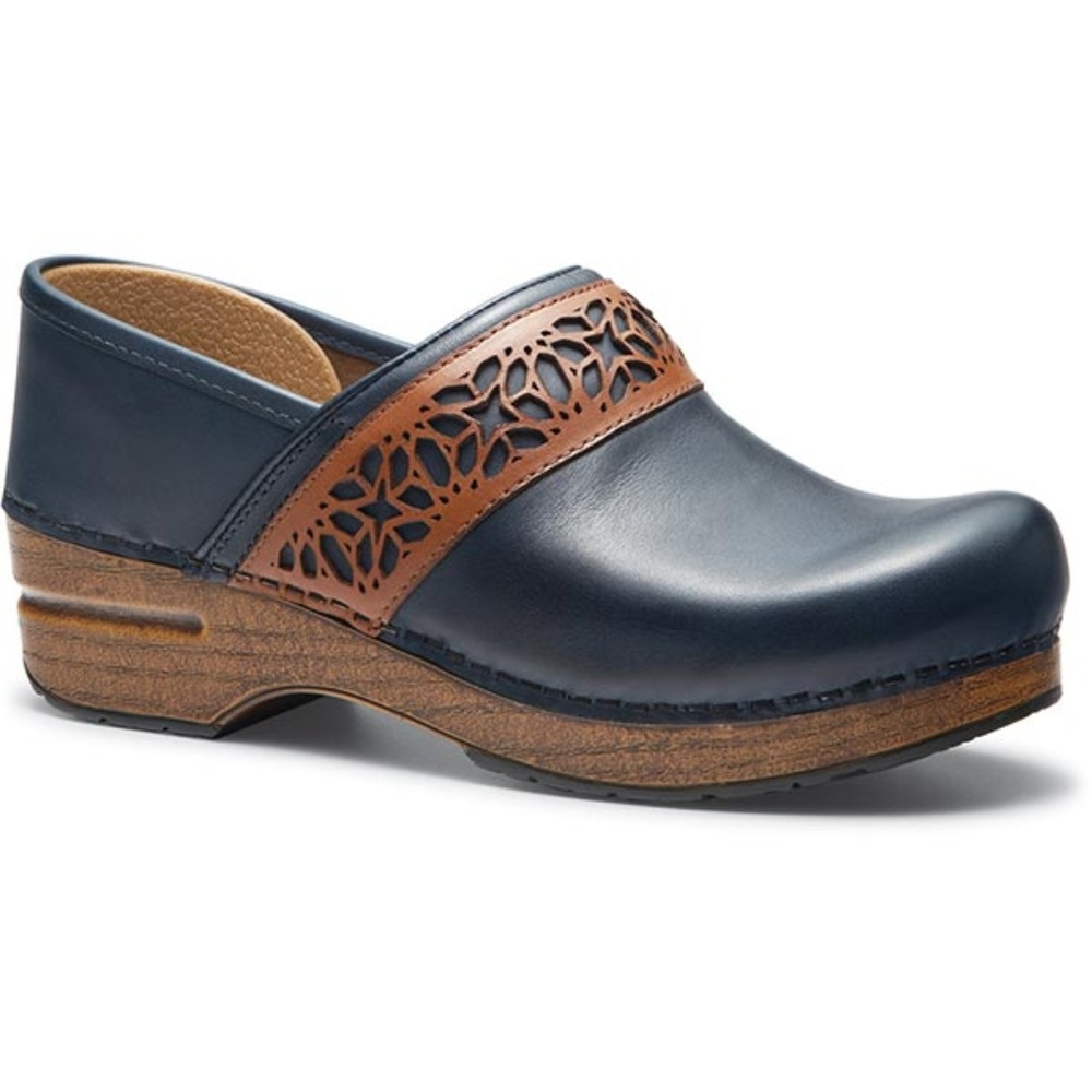 Dansko 37 Pavan Navy Slip-On Clogs Brown Trim